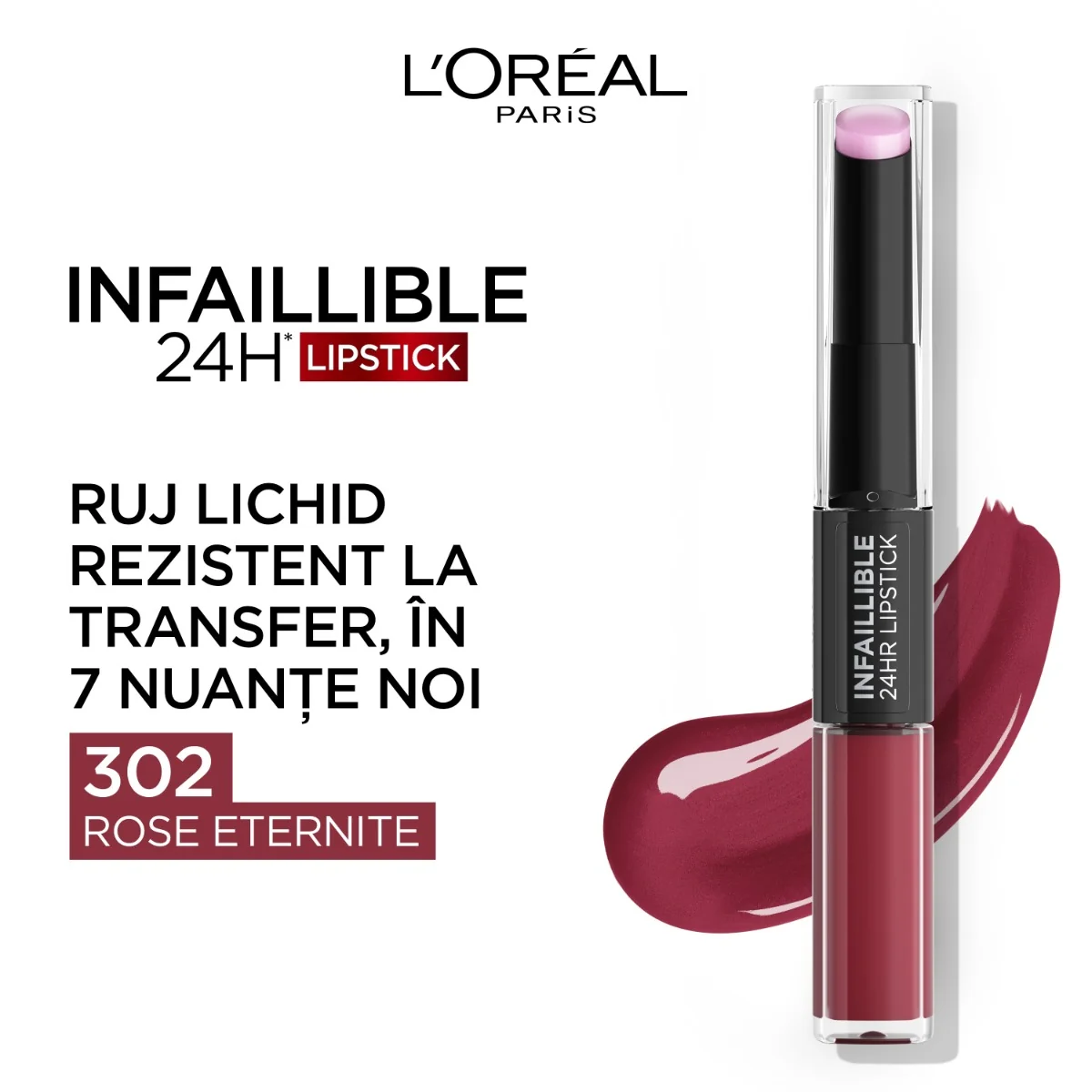 Ruj lichid rezistent la transfer Infaillible 24h 302 Rose Eternite, 6.4ml, L'Oreal Paris 