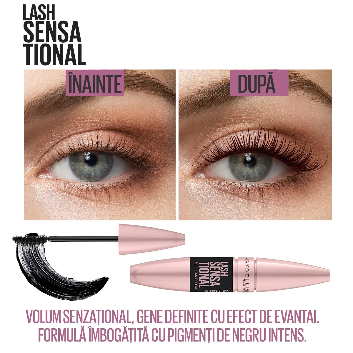 Mascara pentru volum si gene definite Lash Sensational Intense Black, 9.5ml, Maybelline 