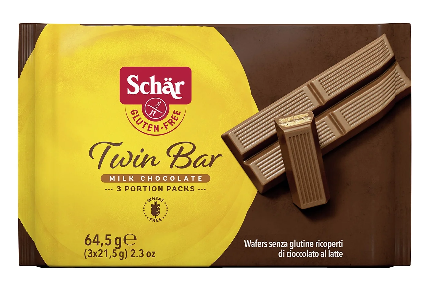 Napolitane invelite in ciocolata fara gluten Twin Bar, 3 x 21.5g, Schar