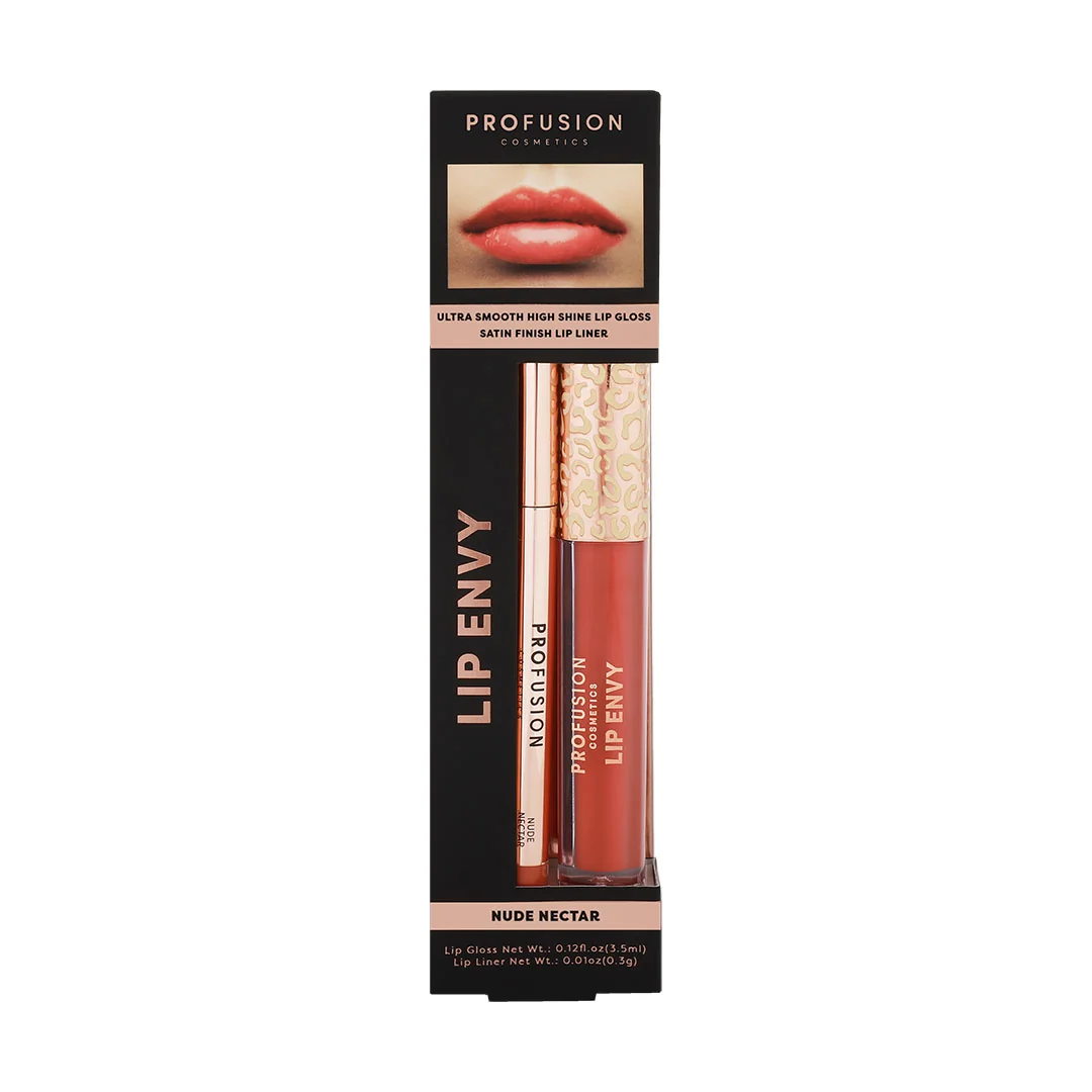 Set Luciu de buze ultra neted si lucios 3.5ml + Creion pentru buze cu finish satinat 0.3g Lip Envy Nude Nectar, Profusion Cosmetics