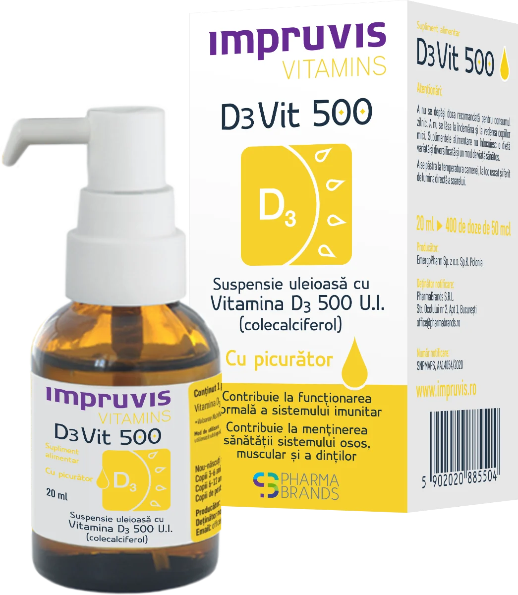 Suspensie uleioasa cu picurator Vitamina D3 DeVit 500, 20ml, Pharma Brands 