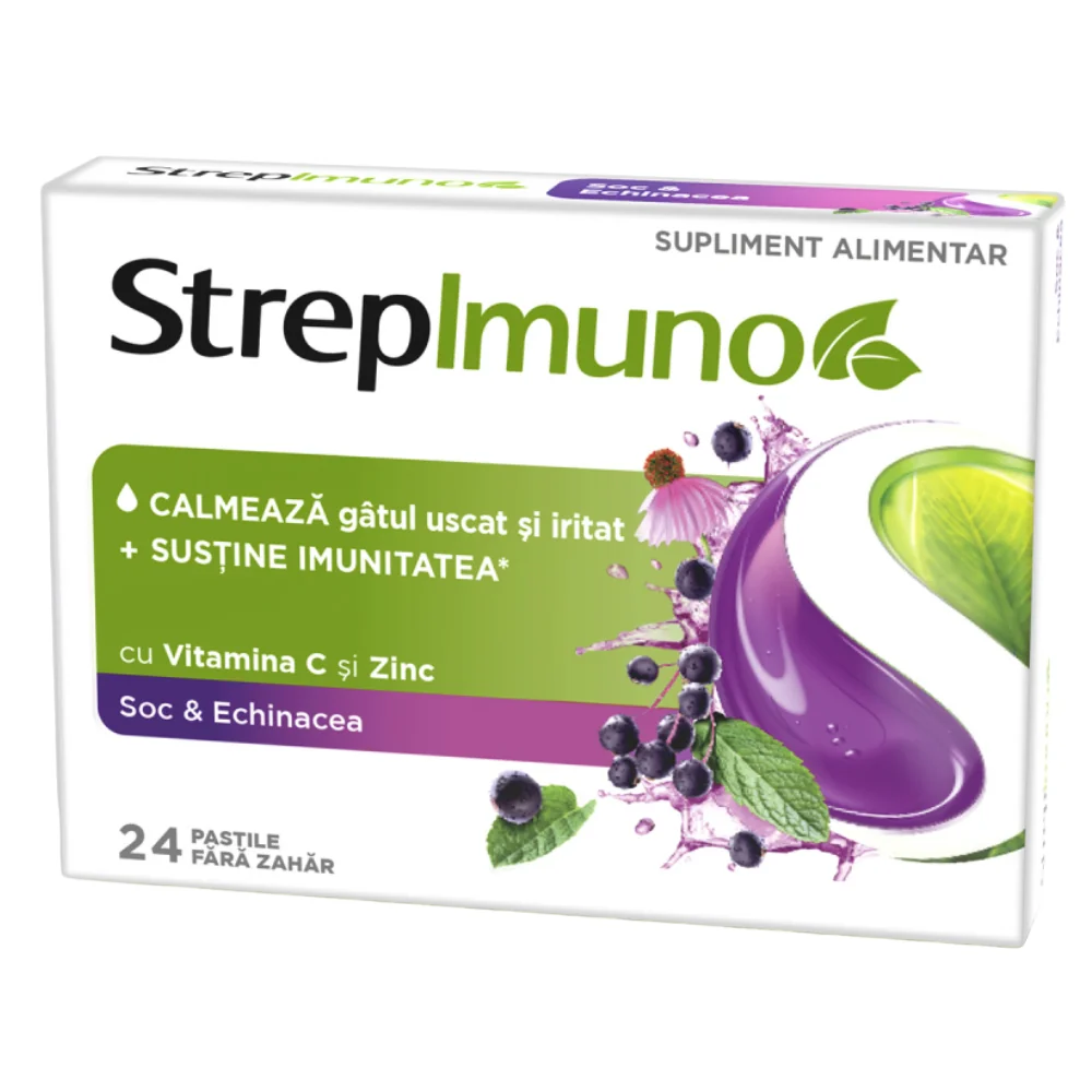 Supliment alimentar cu soc si echinacea fara zahar, 24 comprimate de supt, Strepimuno 