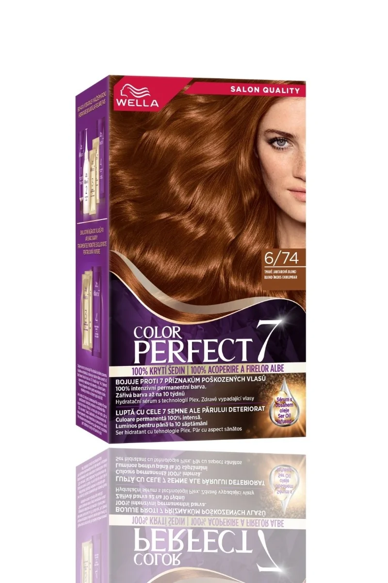 Vopsea de par permanenta Blond Inchis Chihlimbar 6/74 Color Perfect, 135ml, Wella 