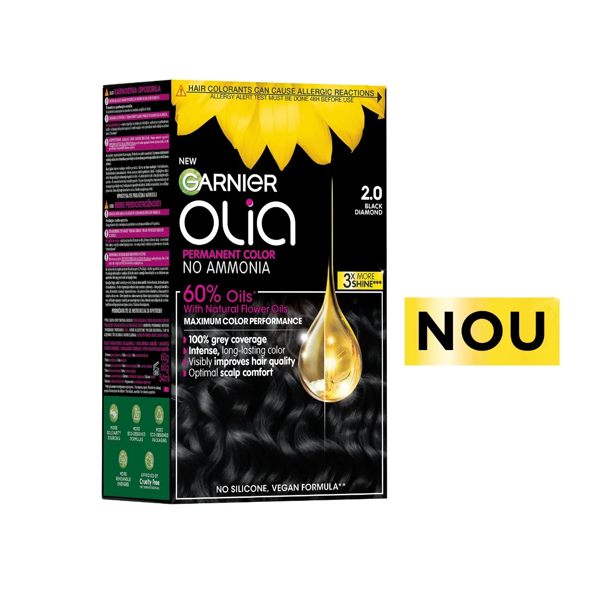 Vopsea de par permanenta fara amoniac 2.0 Black Diamond Olia, 174ml, Garnier