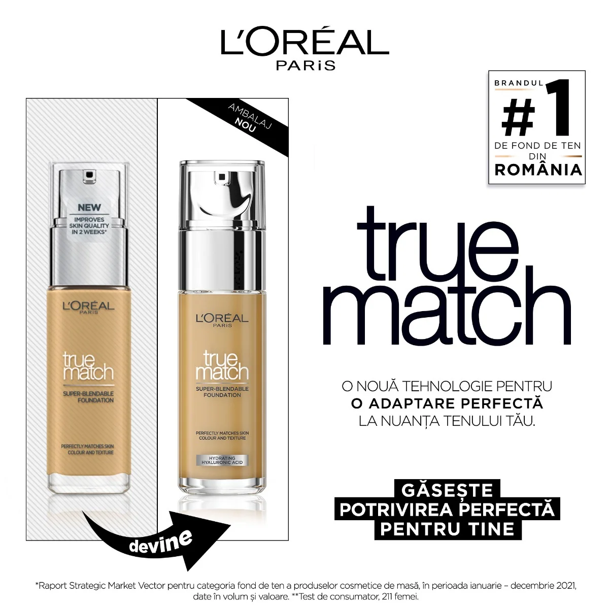 Fond de ten infuzat cu acid hialuronic True Match 4DW Golden Natural, 30ml, L'Oreal Paris 