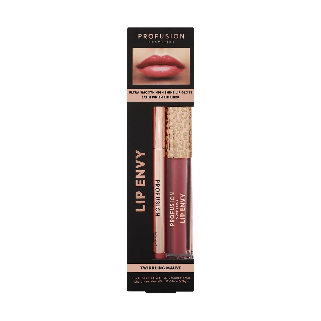 Set Luciu de buze ultra neted si lucios 3.5ml + Creion pentru buze cu finish satinat 0.3g Lip Envy Twinkling Mauve, Profusion Cosmetics 