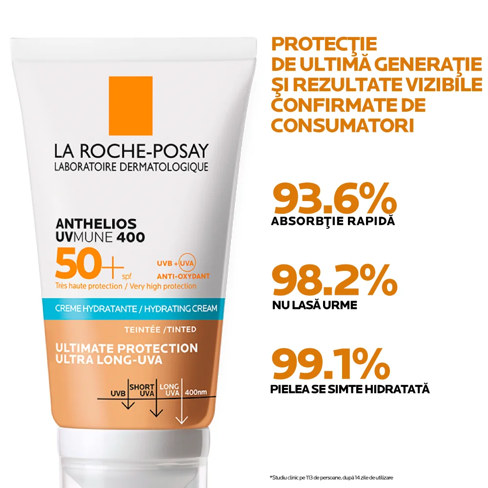 Crema hidratanta cu pigment de culoare protectie solara SPF 50+ pentru ten sensibil sau intolerant la soare Anthelios UV-Mune 400, 50ml, La Roche-Posay 