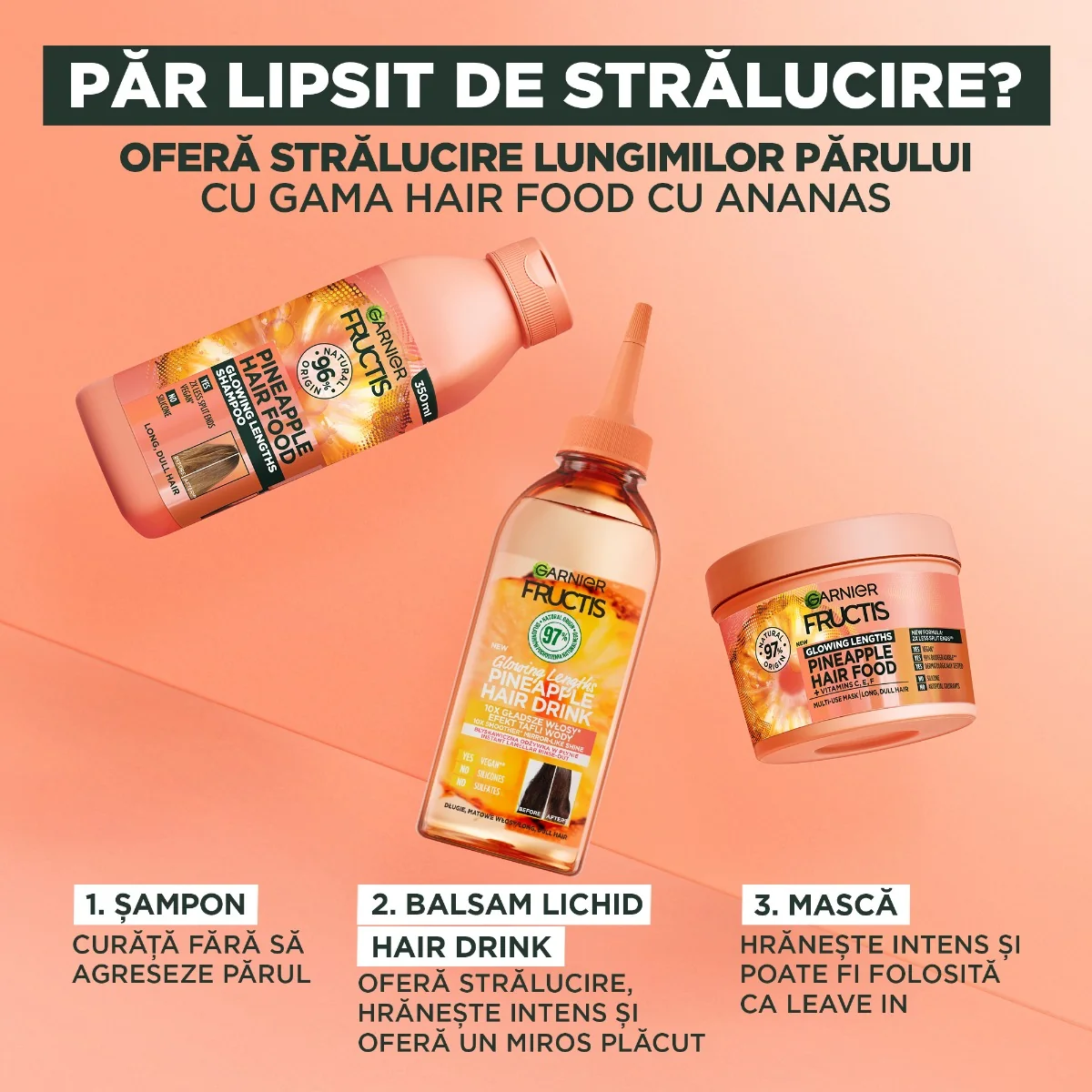 Sampon pentru stralucire si volum Hair Food Ananas, 350ml, Fructis 