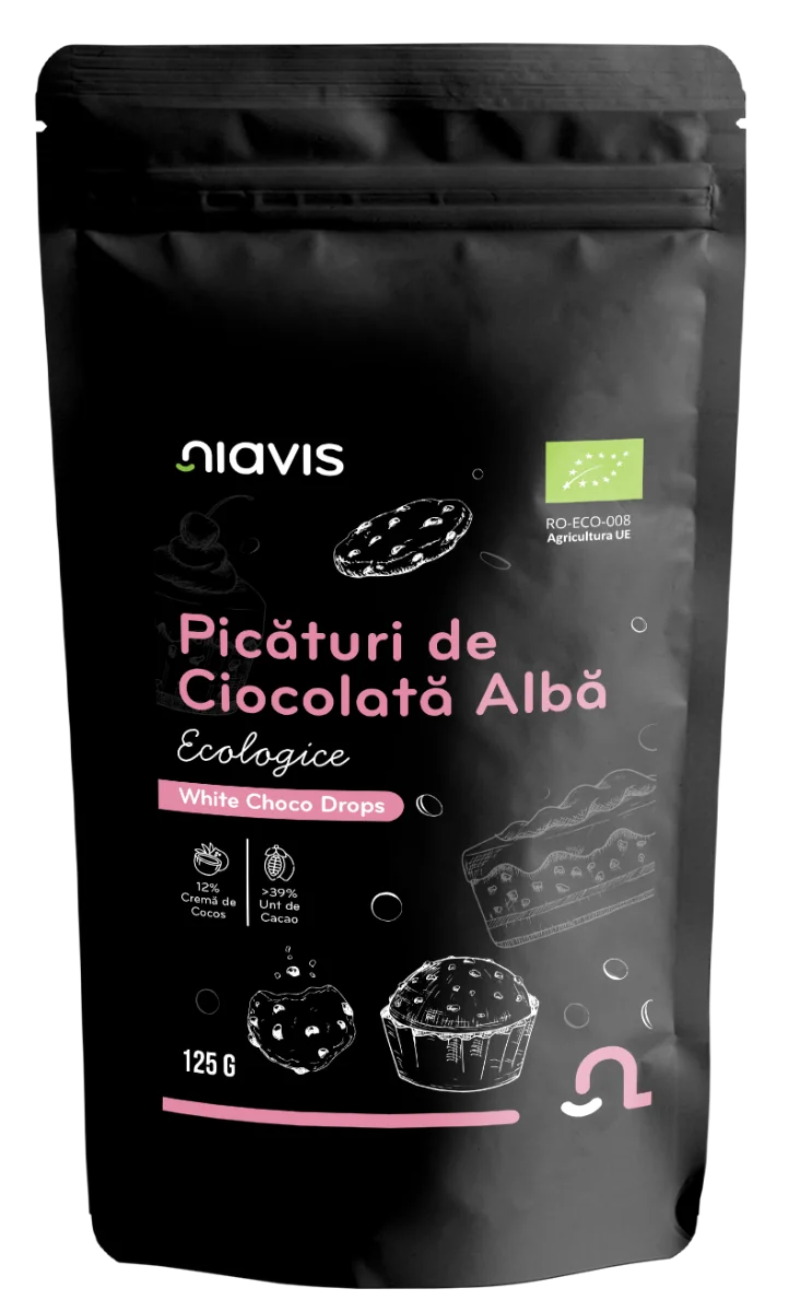 Picaturi de ciocolata alba ecologice, 125g, Niavis