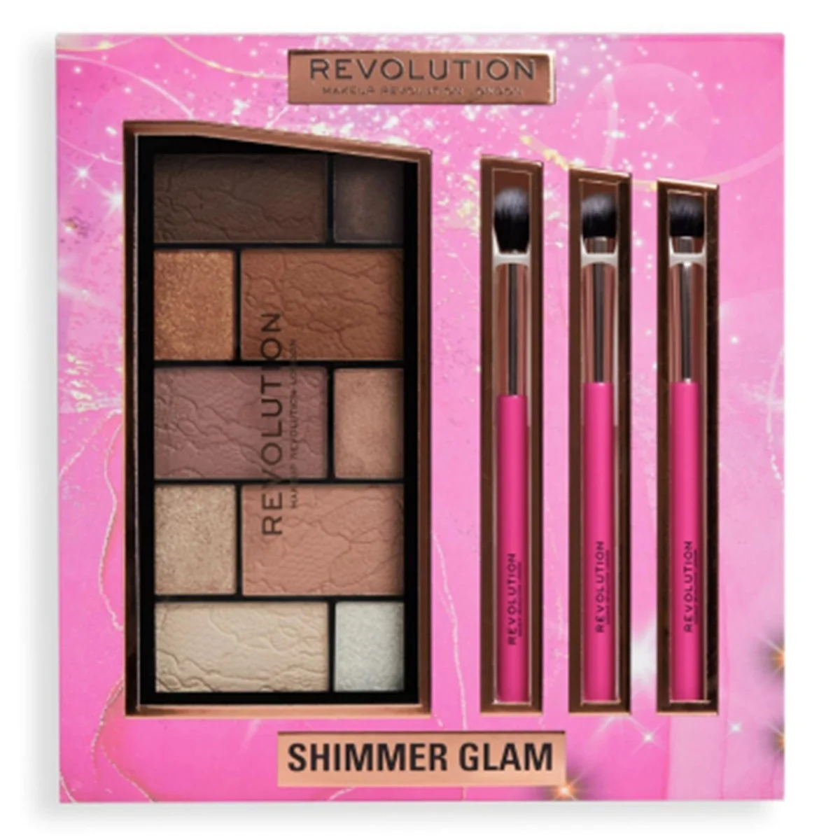 Set Shimmer Glam Eye Paleta de farduri + 3 pensule, Makeup Revolution 