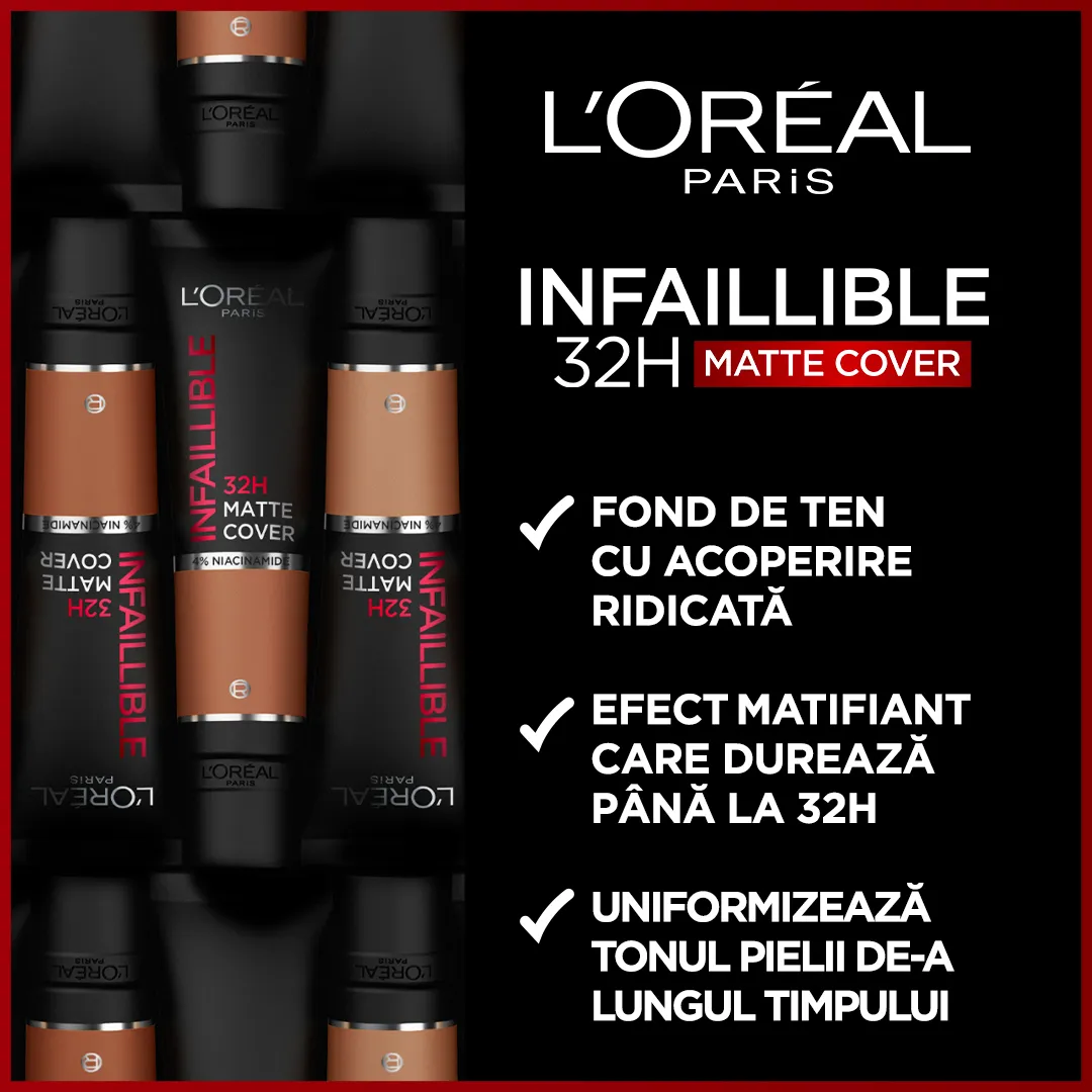 Fond de ten mat Infaillible 32H Matte Cover 135 Warm Undertone, 30ml, L'Oreal Paris 