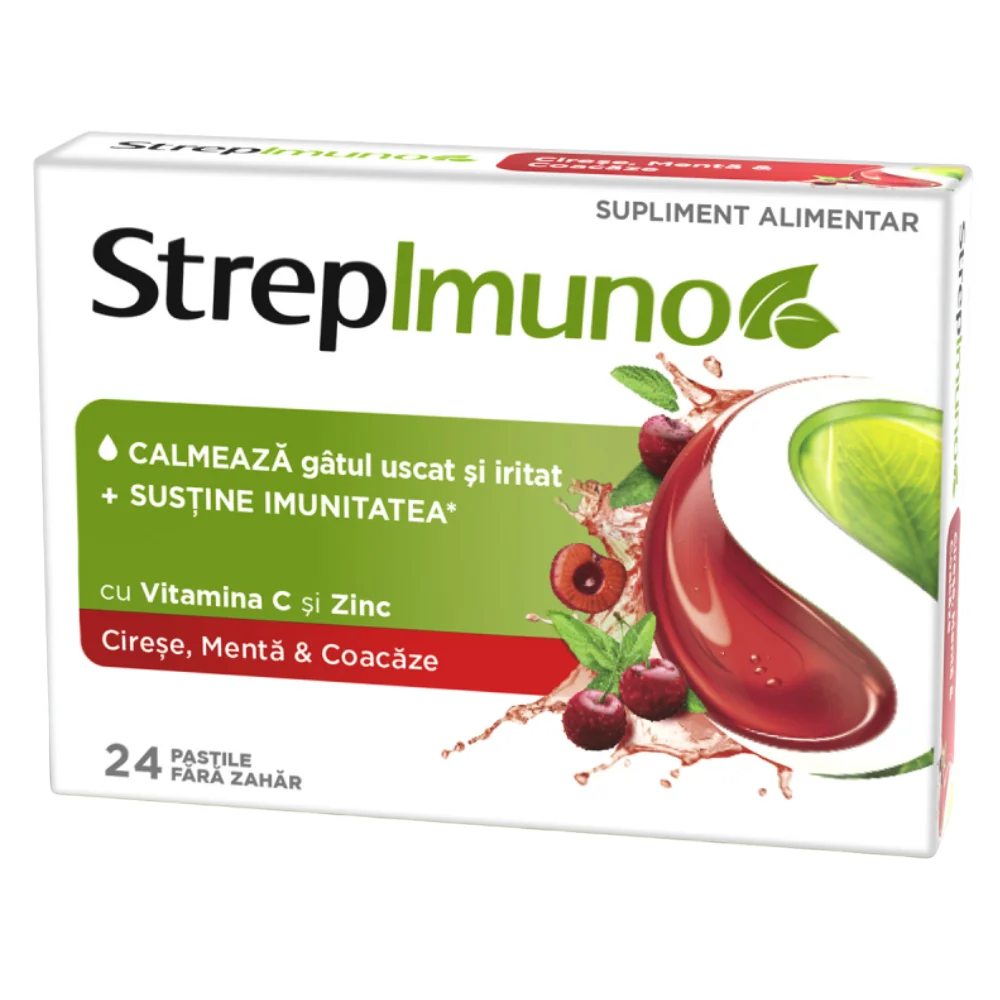 Strepimuno supliment alimentar cu cirese si menta fara zahar, 24 comprimate de supt, Reckitt Benckiser