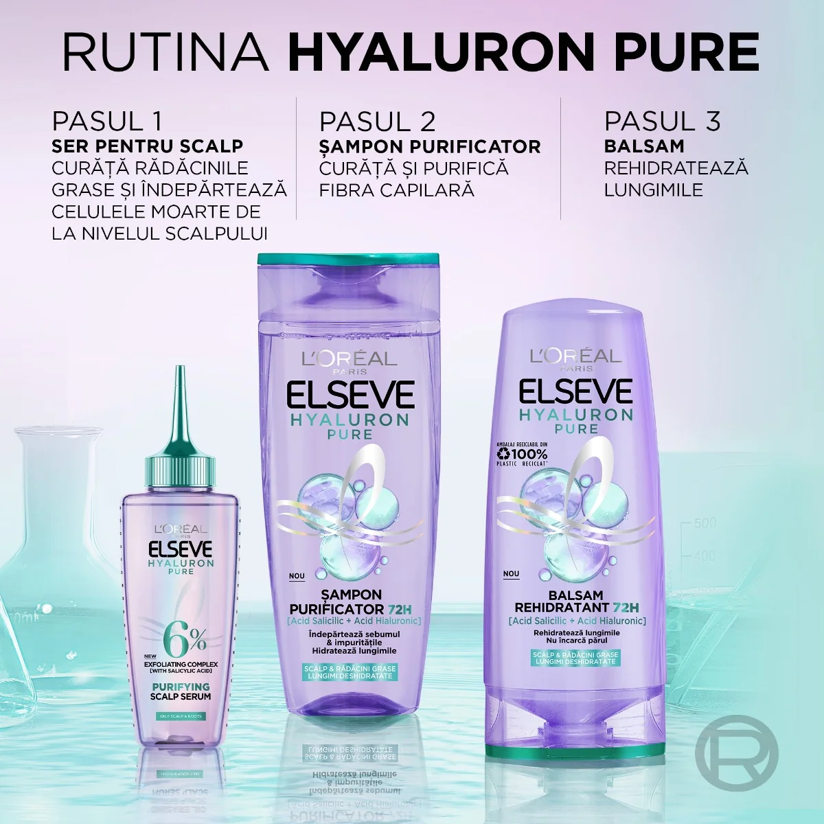 Sampon purificator pentru scalp si radacini grase cu lungimi deshidratate Hyaluron Pure, 400ml, Elseve 