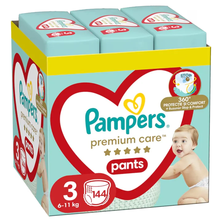 Scutece-chilotel Premium Care Pants XXL Box Marimea 3 pentru 6-11 kg, 144 bucati, Pampers