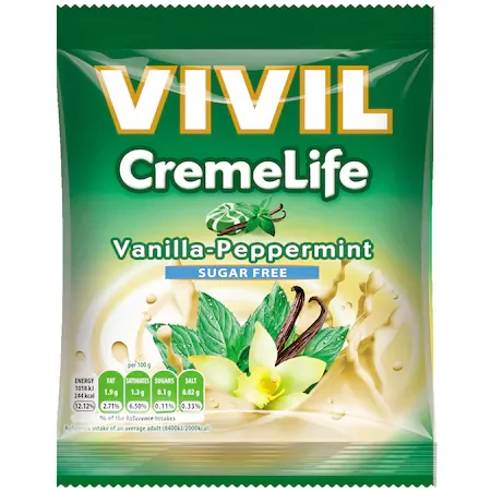 Bomboane cu aroma de vanilie si menta fara zahar, 60g, Vivil