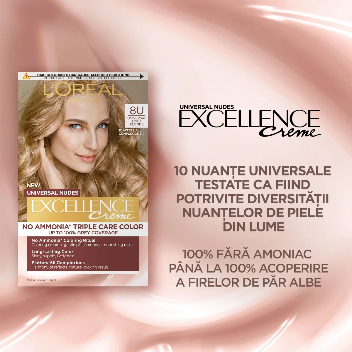 Vopsea de par permanenta fara amoniac Excellence 8U Universal Light Blonde, 192ml, L'Oreal Paris 