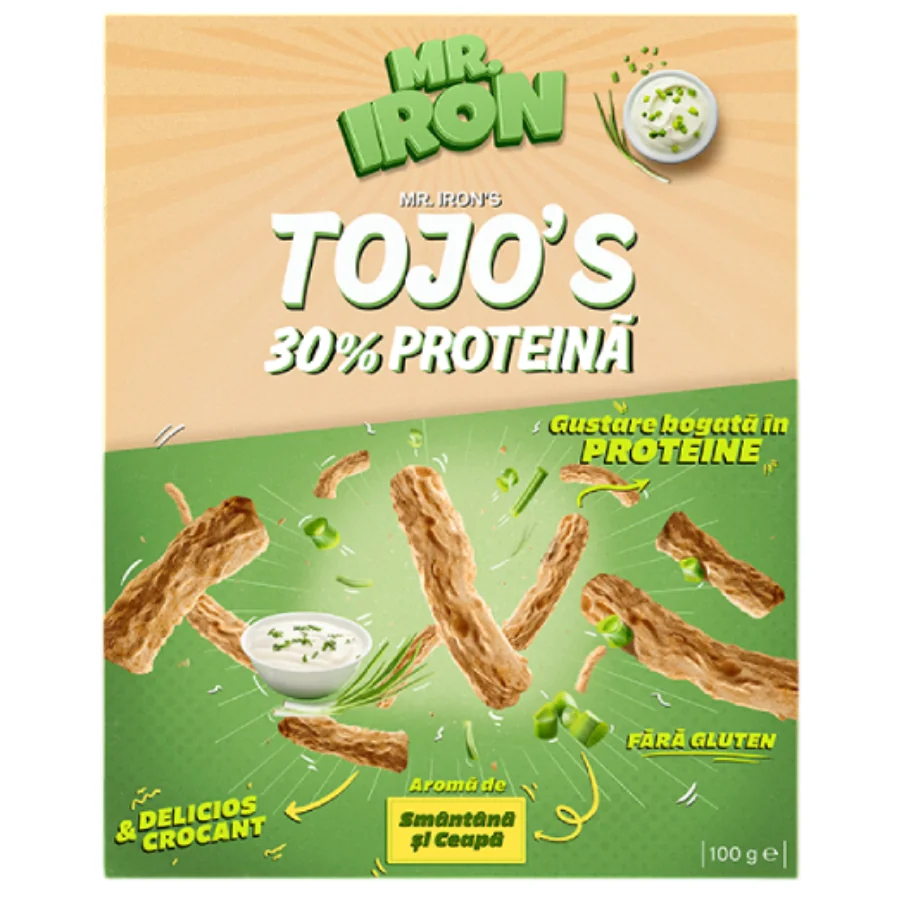 Snack cu 30% proteina fara zahar low-carb gluten free Smantana si Ceapa Tojos, 100g, Mr. Iron 