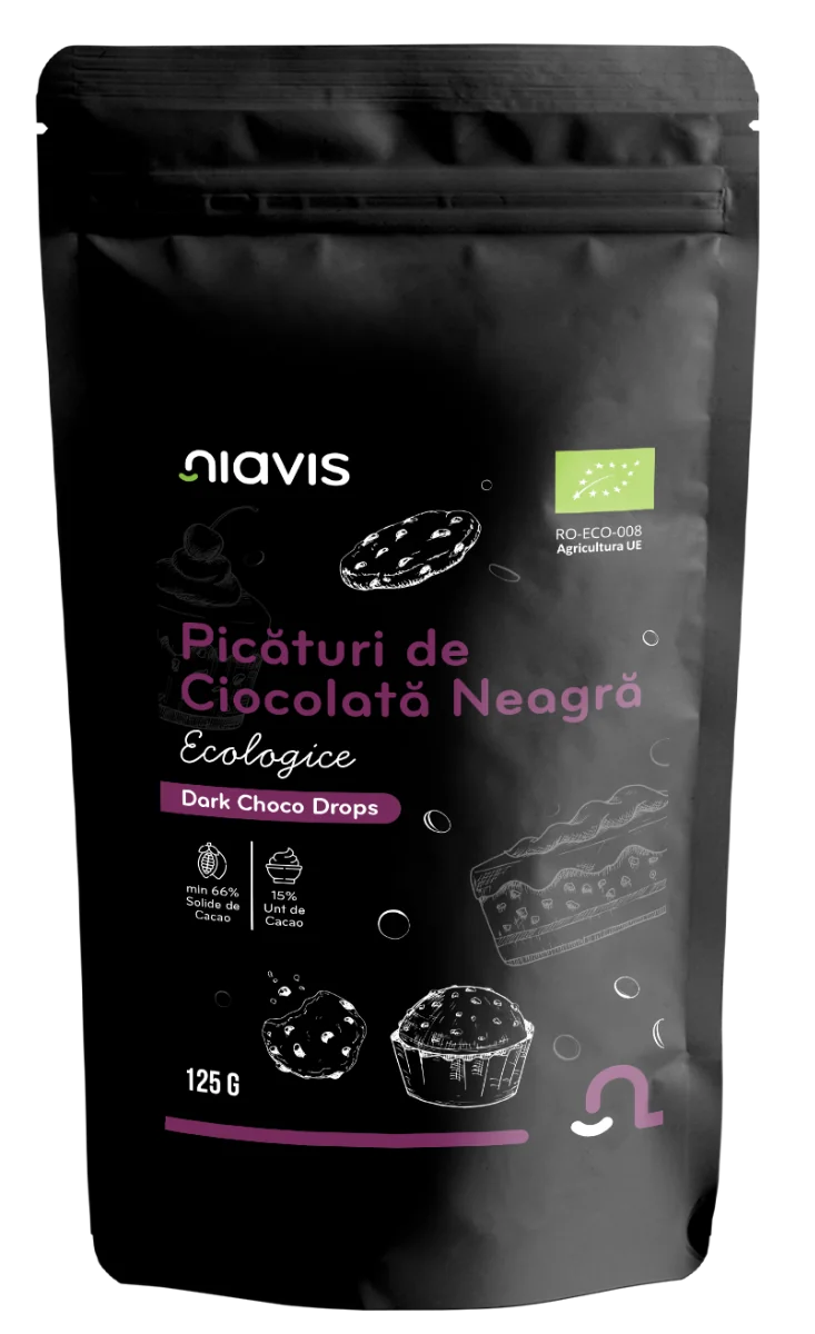 Picaturi de ciocolata neagra ecologice, 125g, Niavis