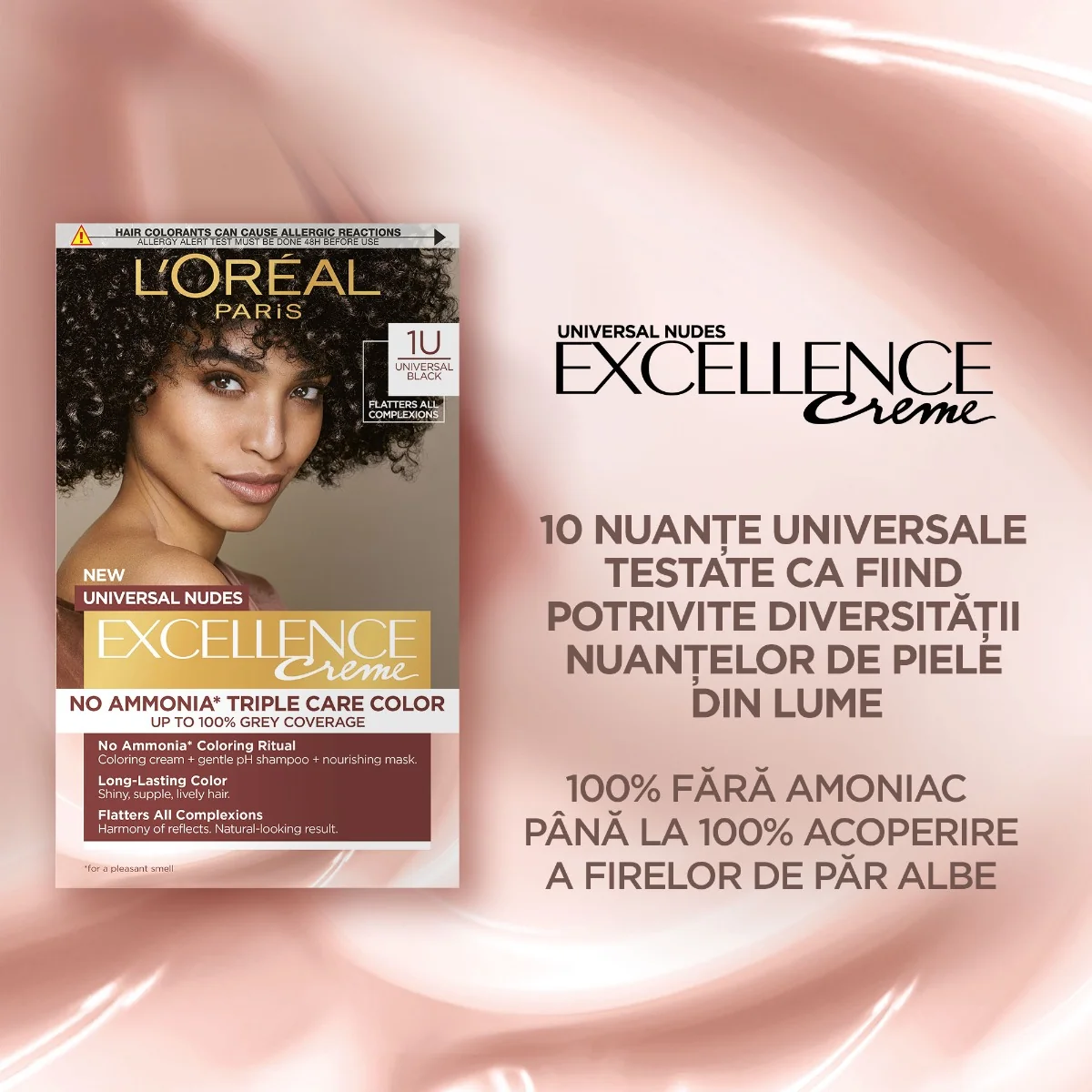 Vopsea de par permanenta fara amoniac Excellence Universal Nudes 1U Black, 192ml, L'Oreal Paris 