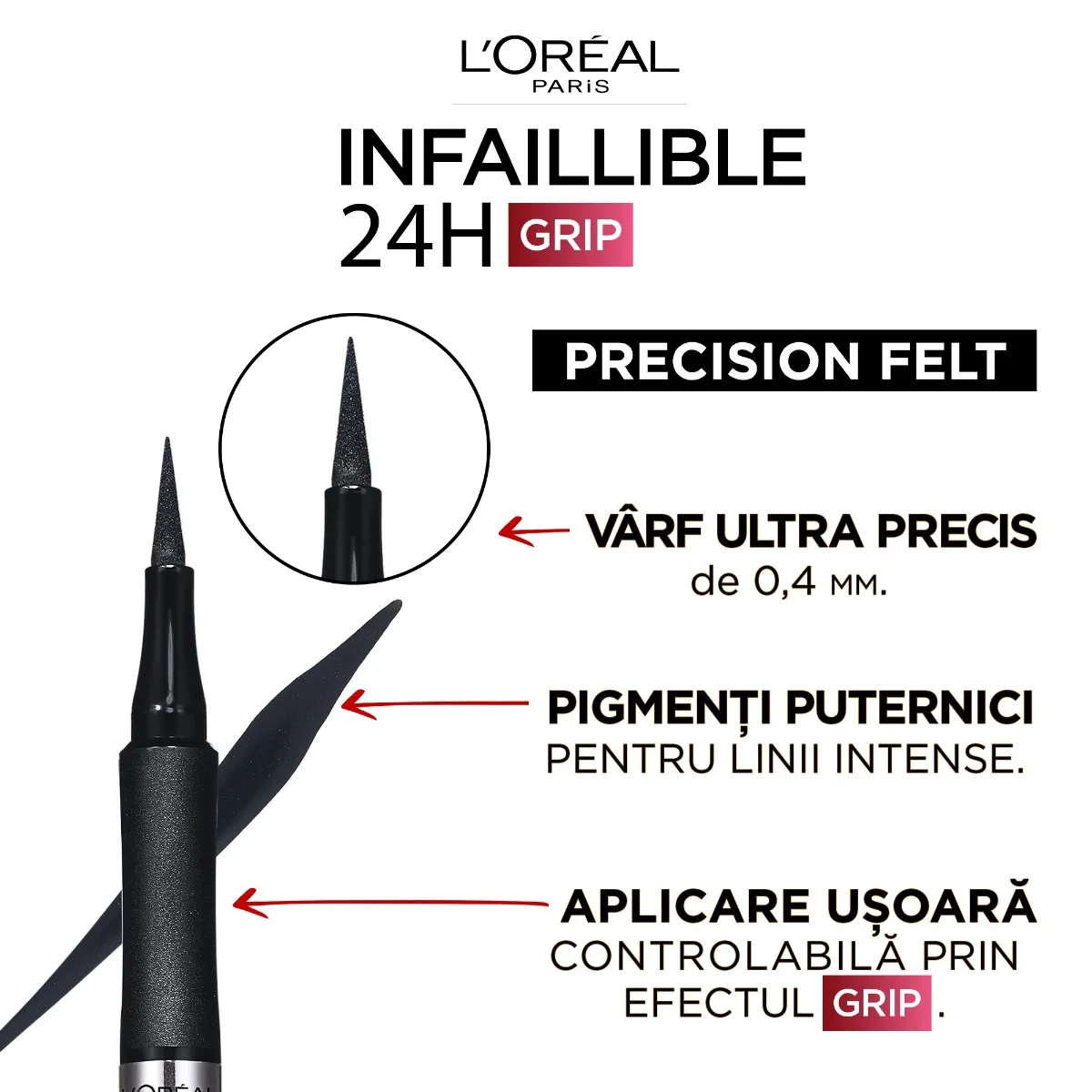 Tus lichid tip carioca Infaillible 30H Grip Precision Felt 01 Black, 4ml, L'Oreal Paris 