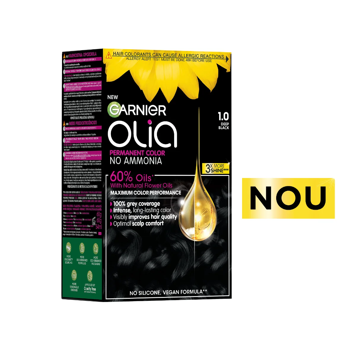 Vopsea de par permanenta fara amoniac Olia 1.0 Night Black, 174ml, Garnier