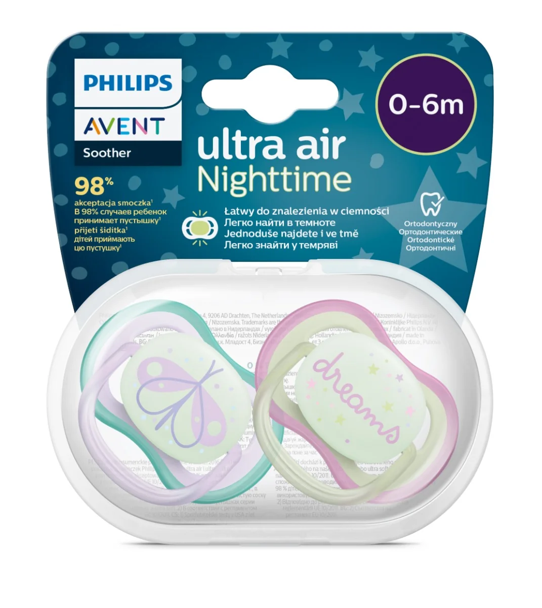 Suzete fosforescente Ultra Air SCF376/19 pentru 0-6 luni Roz/Verde, 2 bucati, Philips Avent 