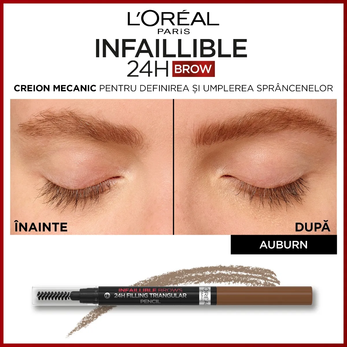 Creion de sprancene Infaillible Brows 245 Triangular 5.23 Auburn, 1ml, L'Oreal Paris 