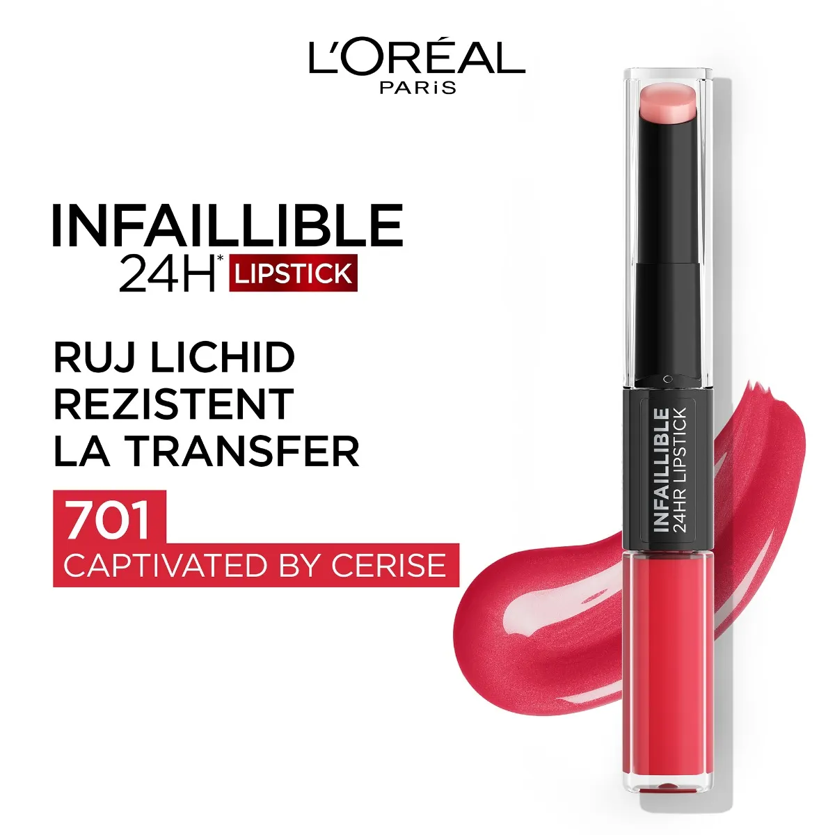 Ruj lichid rezistent la transfer Infaillible 24h 701 Captivated by Cerise, 5.6ml, L'Oreal Paris 