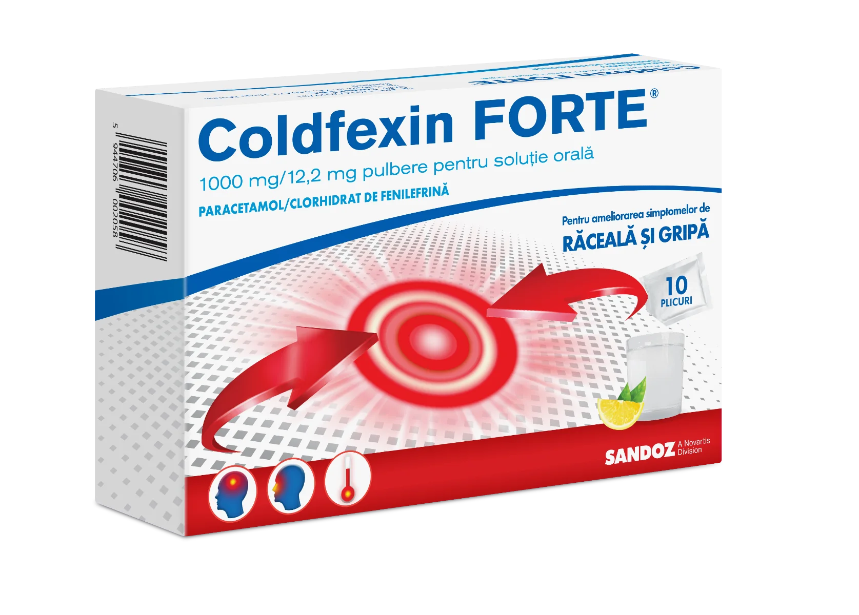 Coldfexin Forte 1000 mg/12.2 mg pulbere pentru solutie orala, 10 plicuri, Sandoz