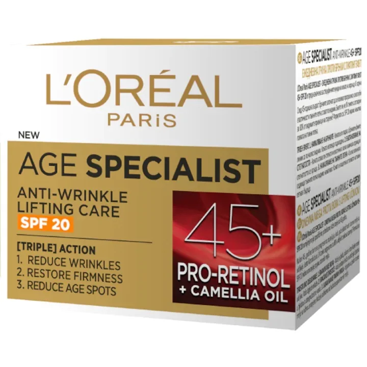 Crema de zi antirid cu efect de lifting si SPF20 Age Specialist 45+, 50ml, L'Oreal Paris 