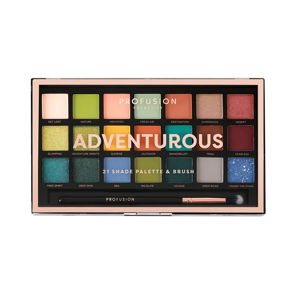 Paleta de farduri vegane cu 21 nuante Adventurous + Pensula, Profusion Cosmetics 