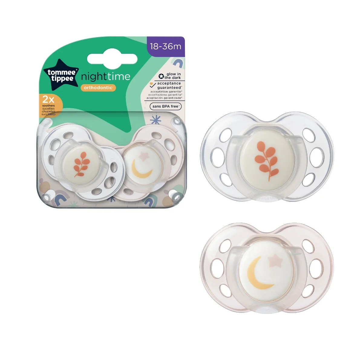 Suzeta ortodontica de noapte pentru 18-36 luni Luna, 2 bucati, Tommee Tippee