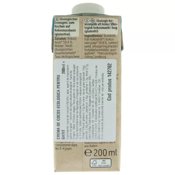 Crema lichida ecologica din cocos pentru gatit fara gluten si fara lactoza, 200ml, Allos 