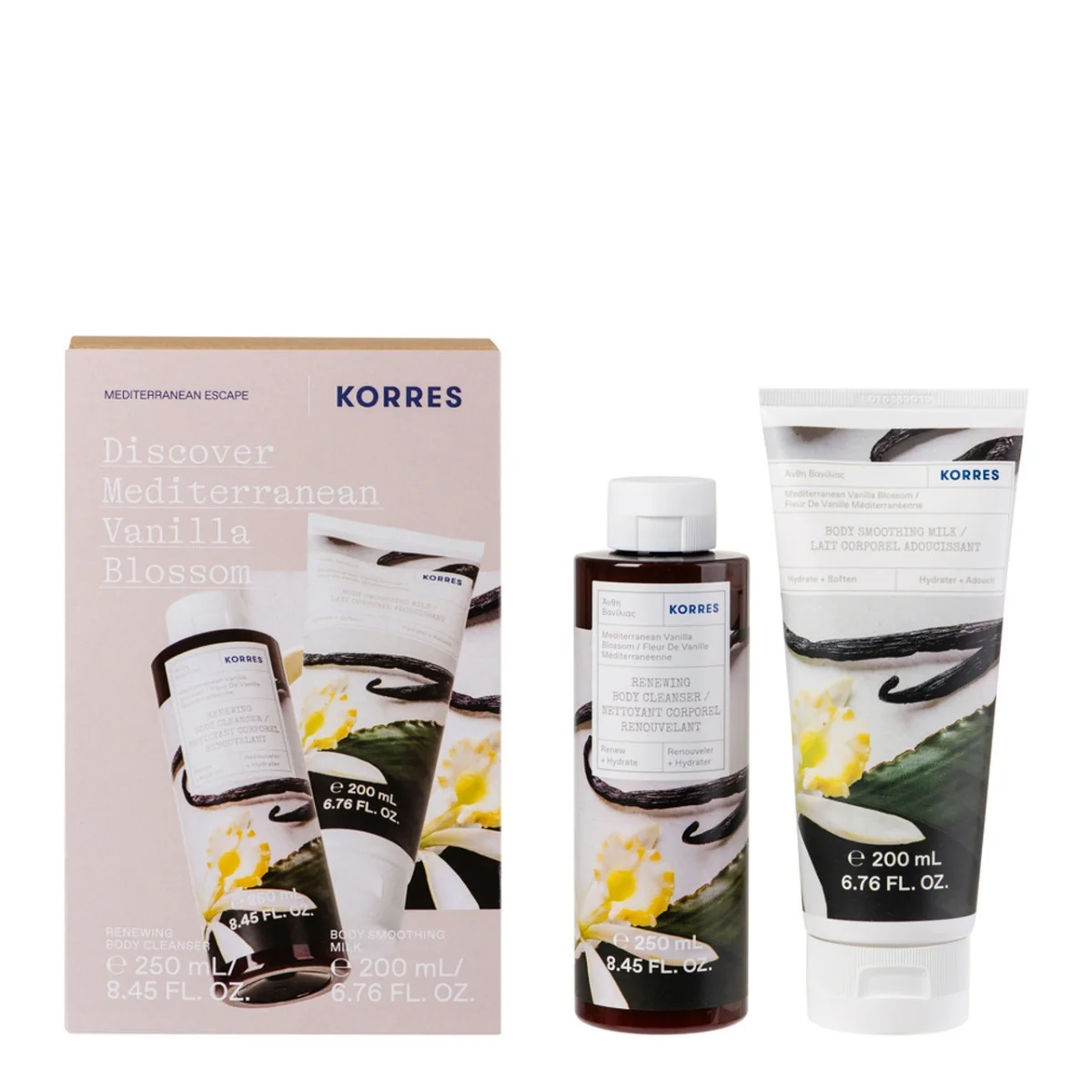 Pachet Mediterranean Vanilla Blossom Gel de dus 250ml + Lapte de corp 200ml, Korres 