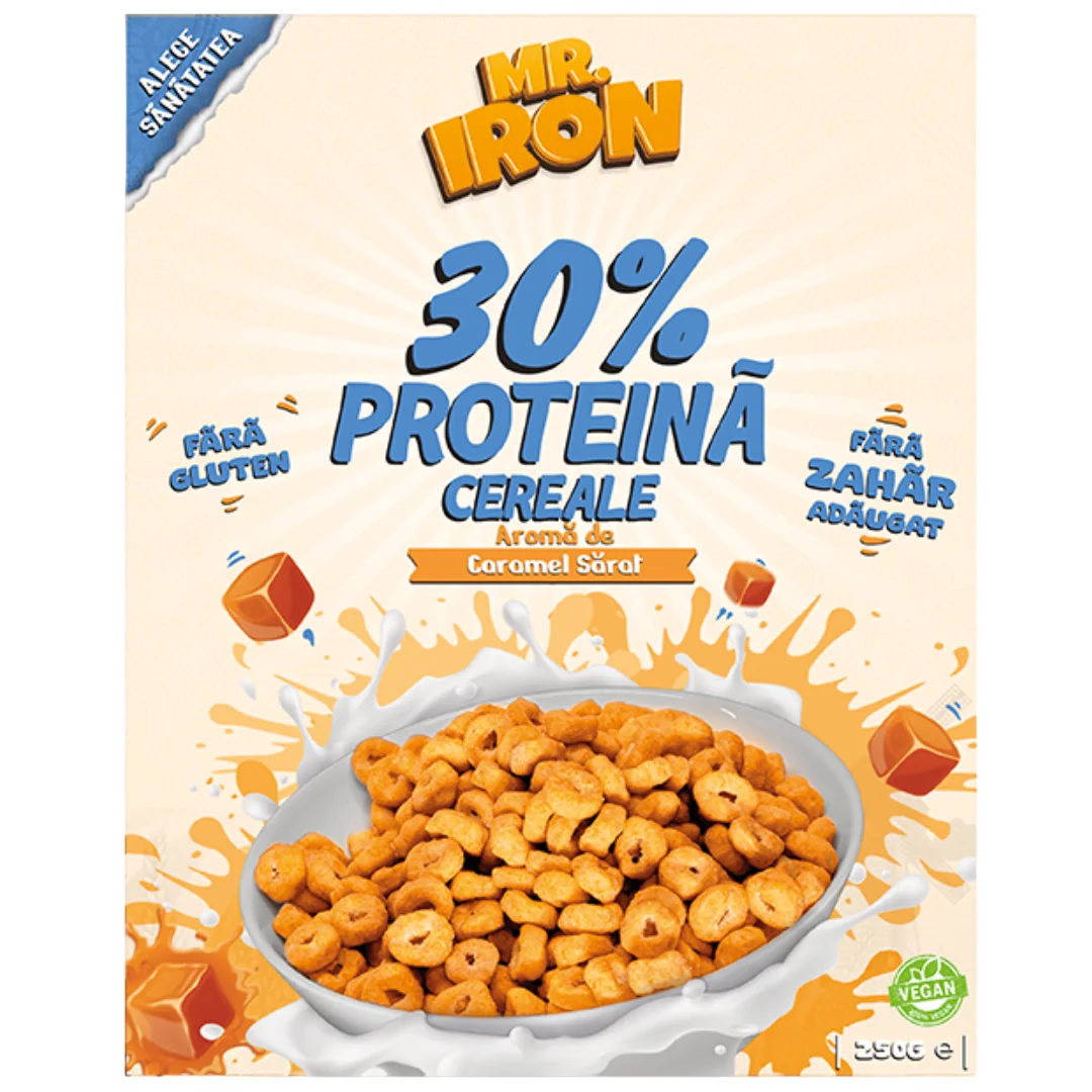 Cereale cu 30% proteina fara zahar low-carb gluten free si vegane Caramel Sarat, 250g, Mr. Iron