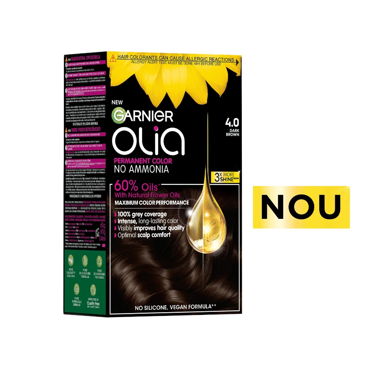 Vopsea de par permanenta fara amoniac 4.0 Dark Brown Olia, 174ml, Garnier