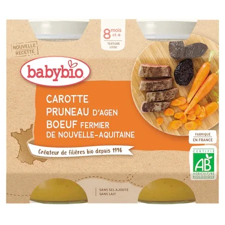 Piure din carne de vacuta, morcovi si prune uscate Bio +8 luni, 2 x 200g, BabyBio