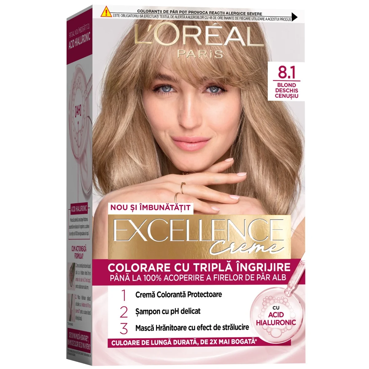 Vopsea de par permanenta Excellence Creme 8.1 Blond Deschis Cenusiu, 192ml, L'Oreal Paris 