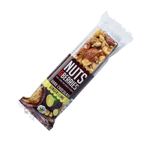 Baton crocant ECO cu nuci ciocolata neagra ghimbir si lamaie, 40g, Nuts & Berries