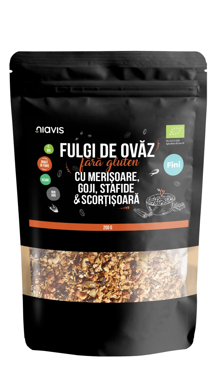 Fulgi de ovaz fini fara gluten cu merisoare, goji, stafide si scortisoara Eco, 200g, Niavis