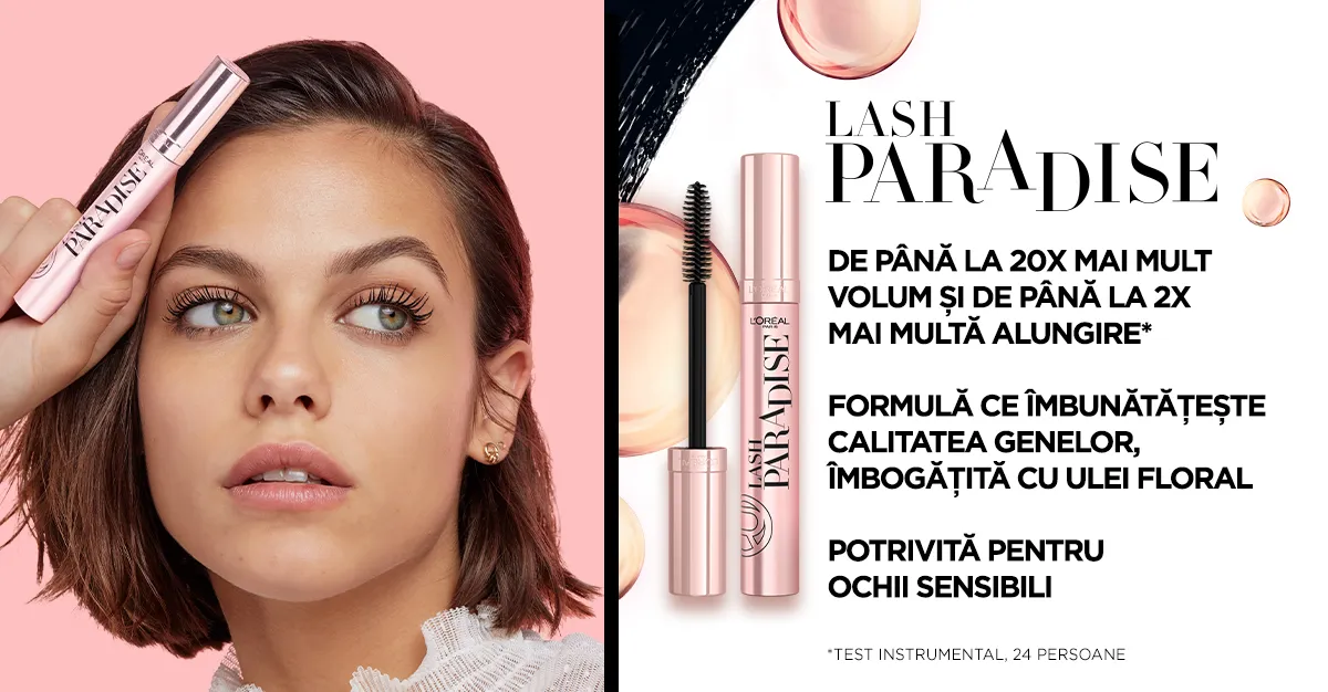 Mascara Lash Paradise cu pana la 20X mai mult volum si de pana la 2X mai multa alungire.