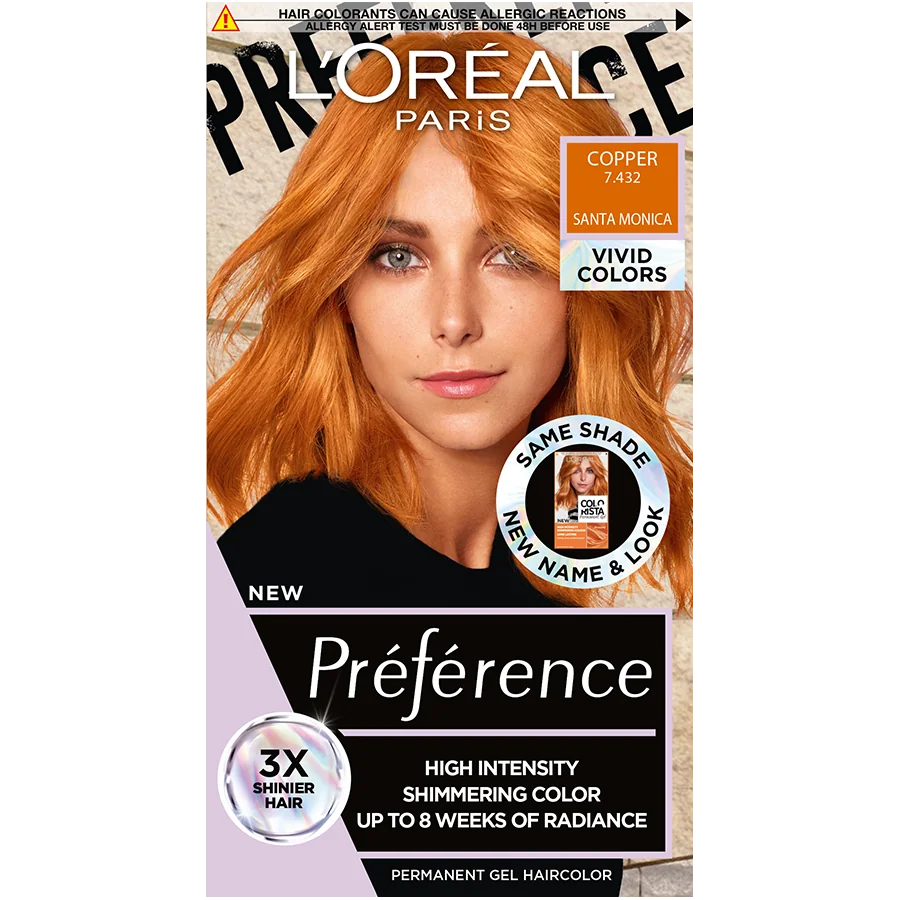 Vopsea de par permanenta cu amoniac Preference Vivid Colours 7.432 Copper, 204ml, L'Oreal Paris 