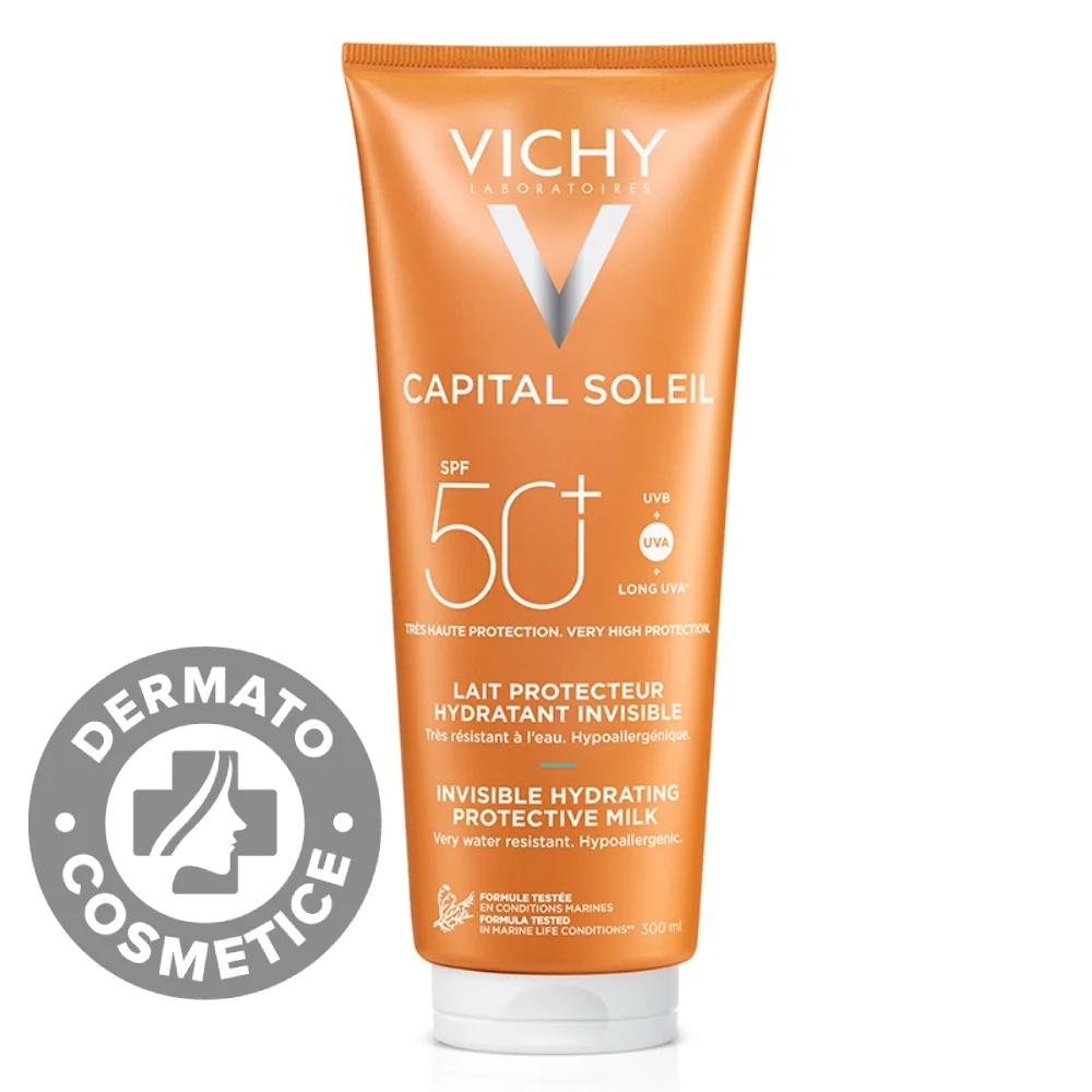 Lapte hidratant de protectie solara SPF50+ pentru fara si corp Capital Soleil, 300ml, Vichy