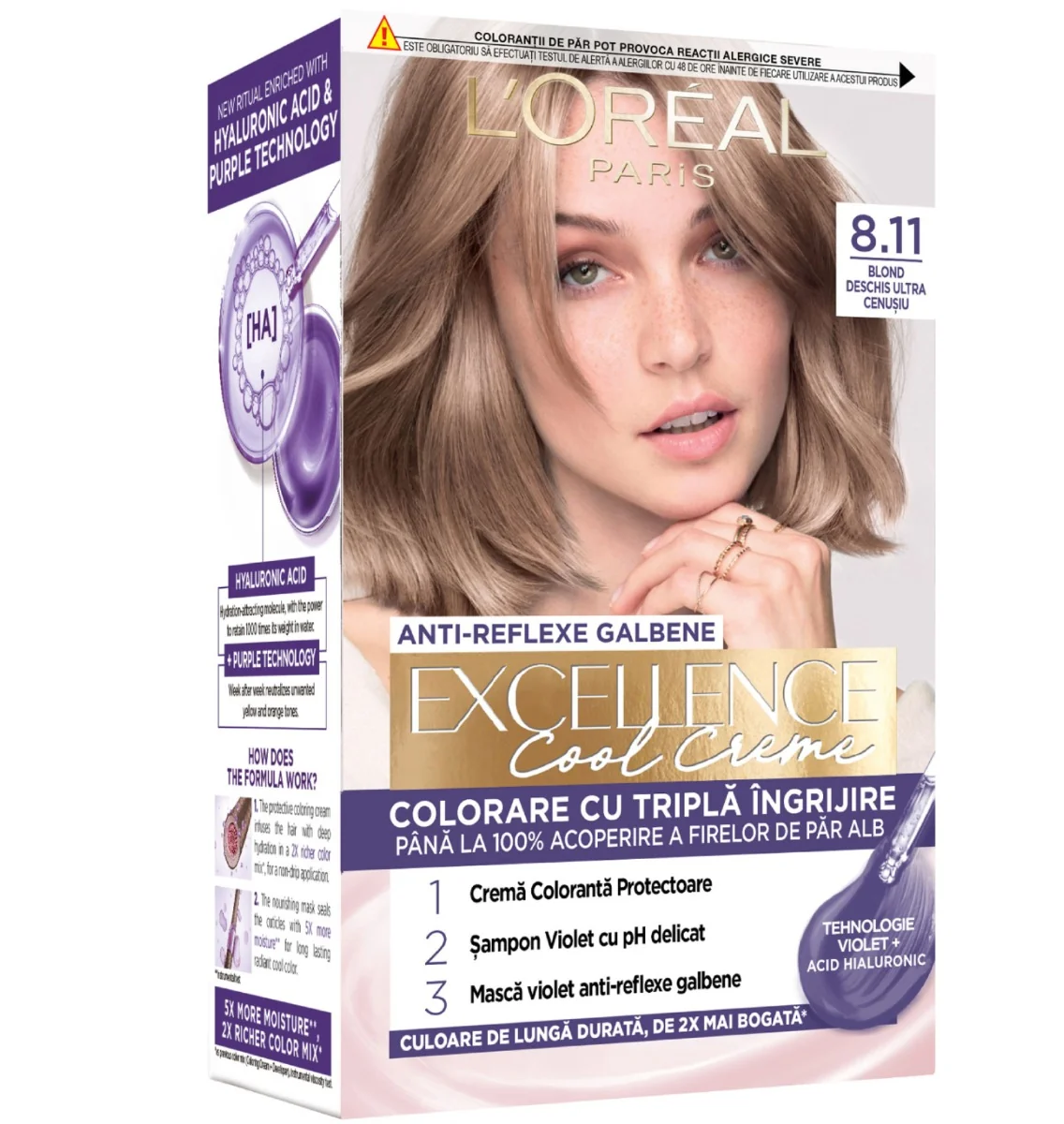 Vopsea de par permanenta Excellence Cool Creme 8.11 Blond Deschis Ultra-Cenusiu, 192ml, L'Oreal Paris 