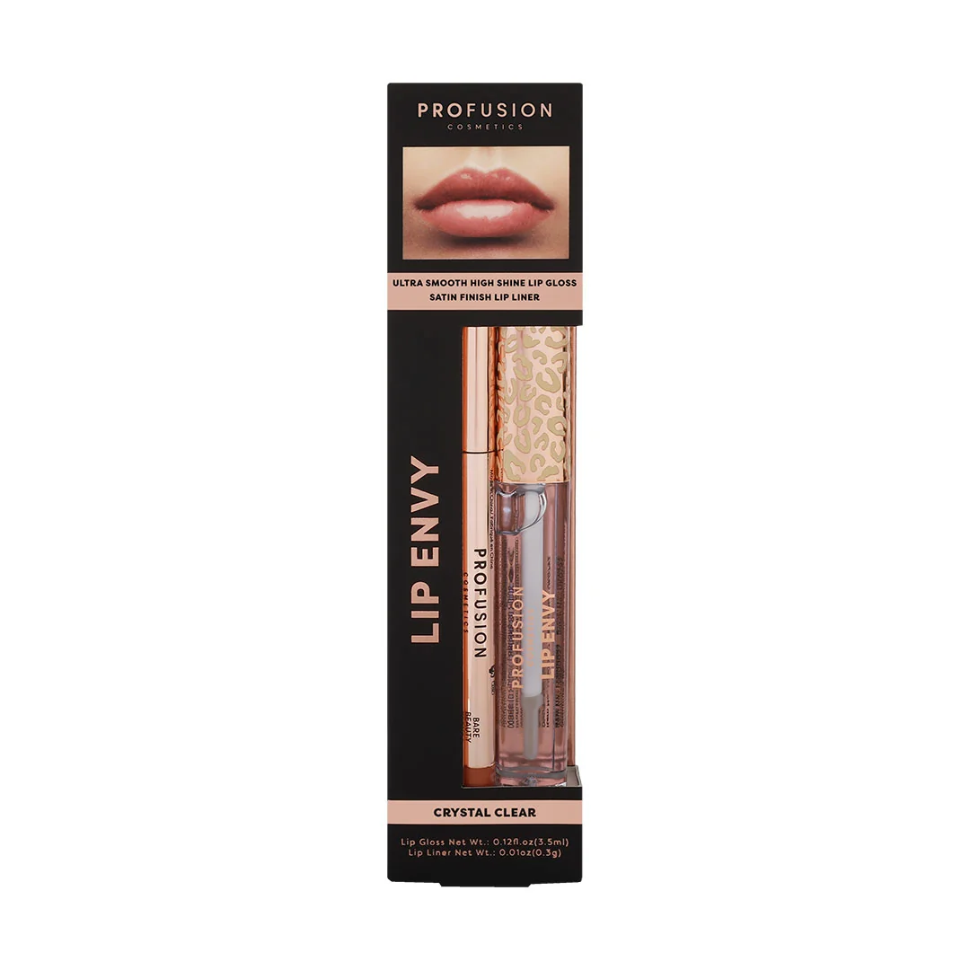 Set Luciu de buze ultra neted si lucios 3.5ml + Creion pentru buze cu finish satinat 0.3g Lip Envy Crystal Clear, Profusion Cosmetics 