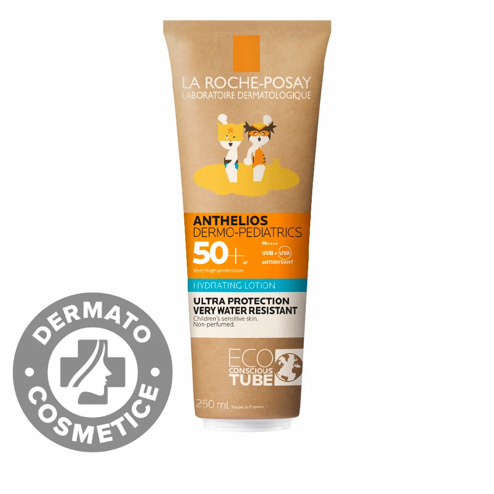 Lotiune hidratanta cu protectie solara pentru copii SPF 50+ fata si corp ultra rezistent la apa Dermo-Pediatrics Eco Tube Anthelios, 250ml, La Roche-Posay