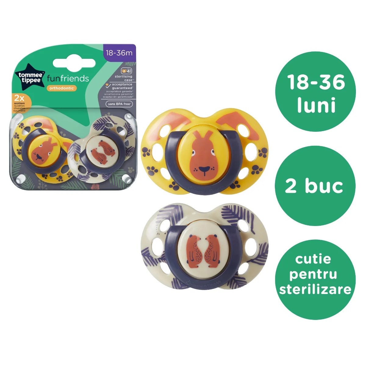 Suzeta ortodontica pentru 18-36 luni Fun Alb/Galben, 2 bucati, Tommee Tippee 