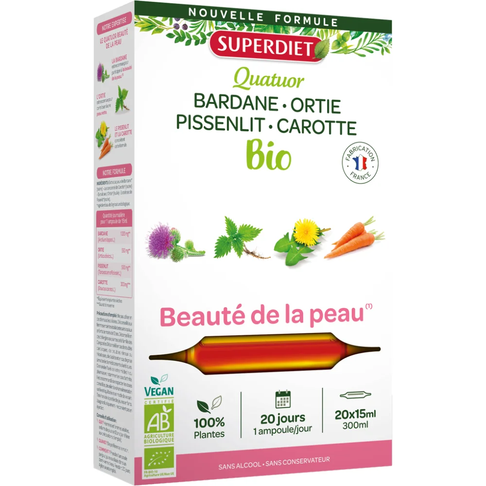 4 Plante pentru sanatatea pielii Bio, 15ml x 20 fiole sticla, Superdiet 