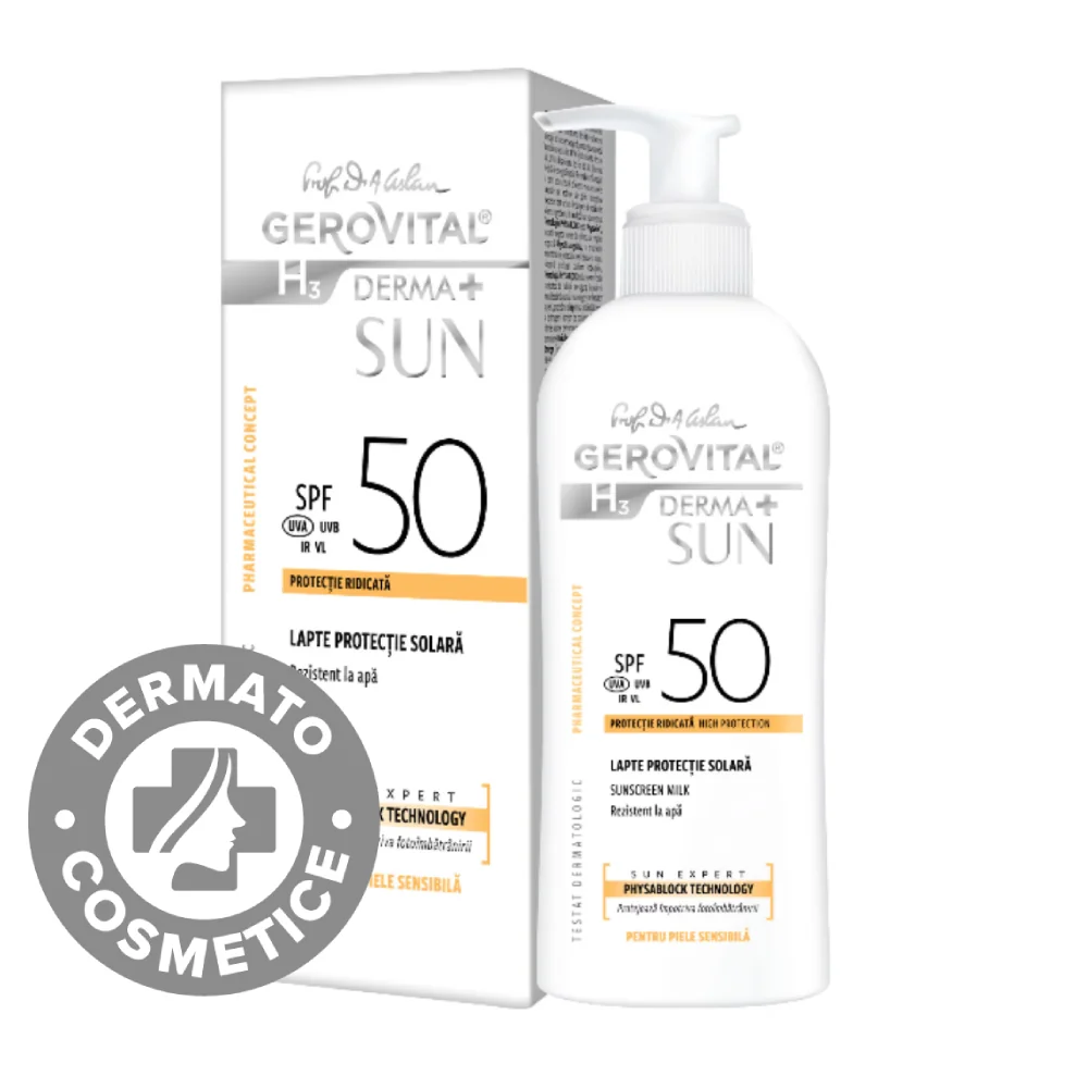 Lapte pentru protectie solara cu SPF 50 H3 Derma+ Sun, 150ml, Gerovital