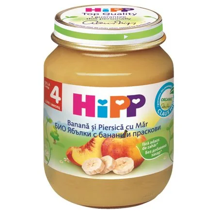 Piure de mere, banane si piersici, +4 luni, 125 g, Hipp